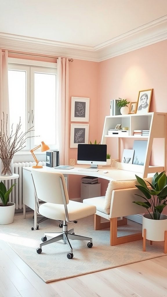 A bright feminine office with pastel colors, plants, and modern furniture.