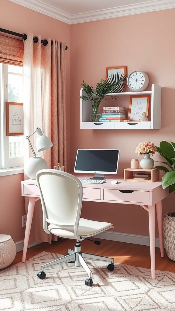 A soft pink desk arrangement with a computer, plant, and decorative items.