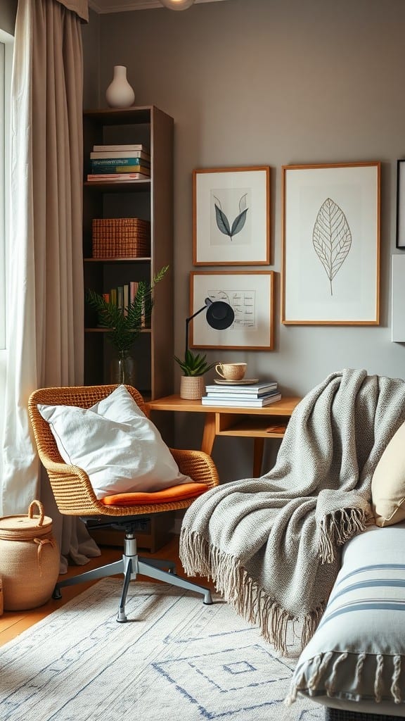 Cozy modern home office with soft textiles and cushions