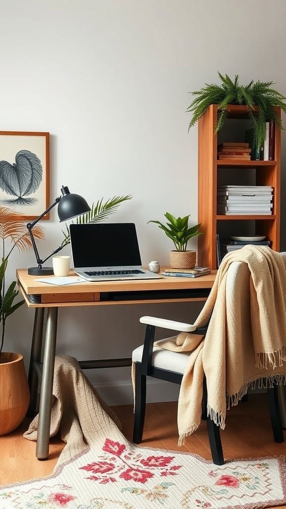 A cozy home office setup with a desk, laptop, plants, and soft throw blankets.