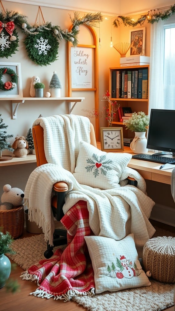 Cozy chair with soft textiles, pillows, and seasonal decorations in a warm room