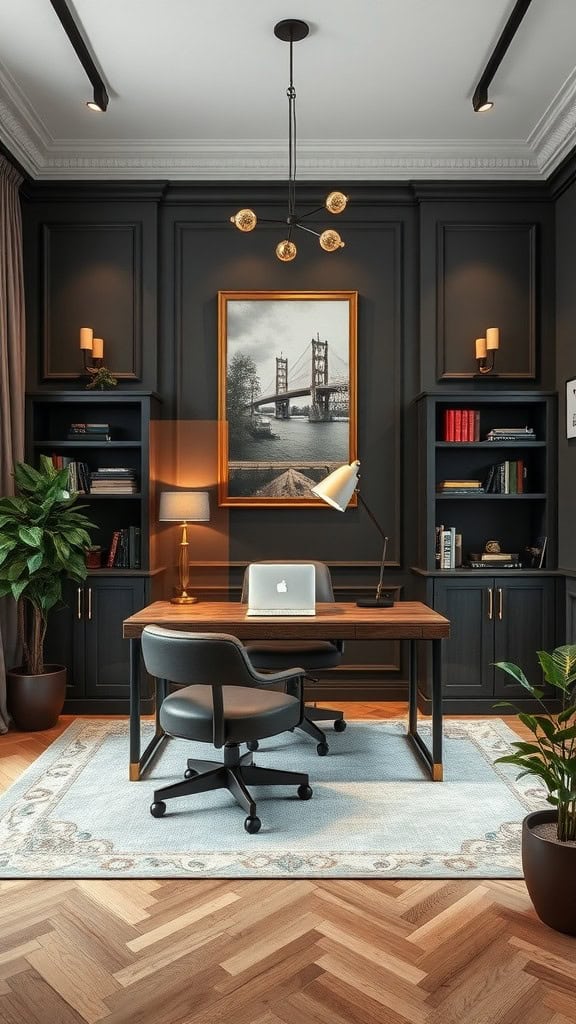 A luxurious home office with a dark color palette, wooden desk, and stylish decor.