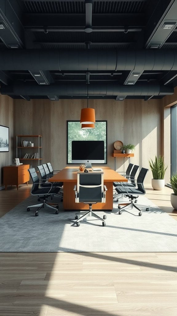 Sophisticated conference room with a central desk surrounded by chairs, large windows, and decorative plants.