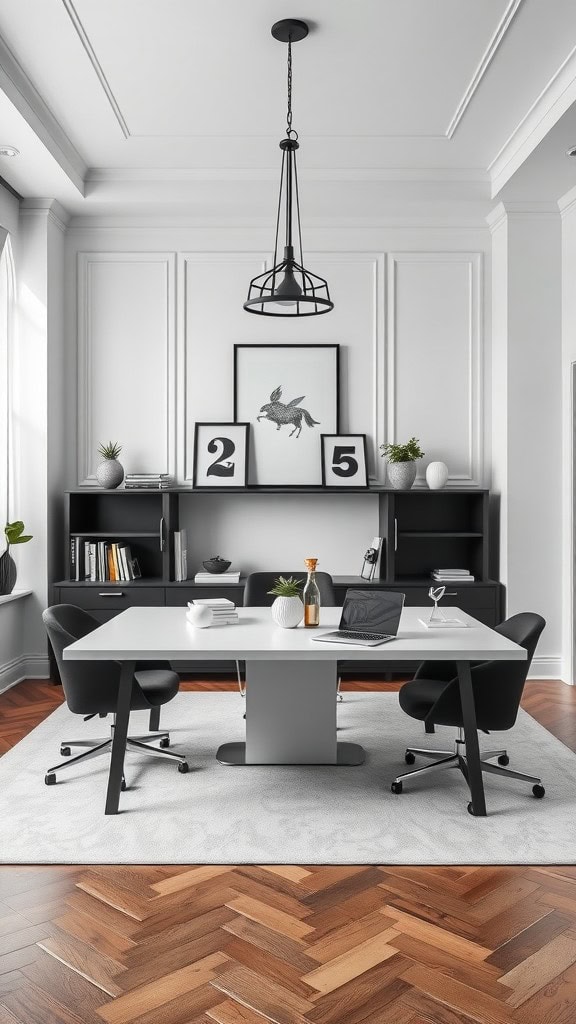 A modern home office with a monochrome palette featuring a sleek desk in the center, surrounded by black chairs and minimalist decor.