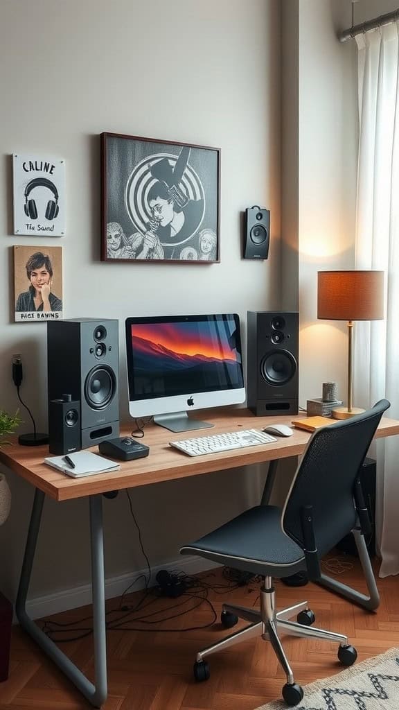 A stylish dorm desk with a computer, speakers, and creative wall art