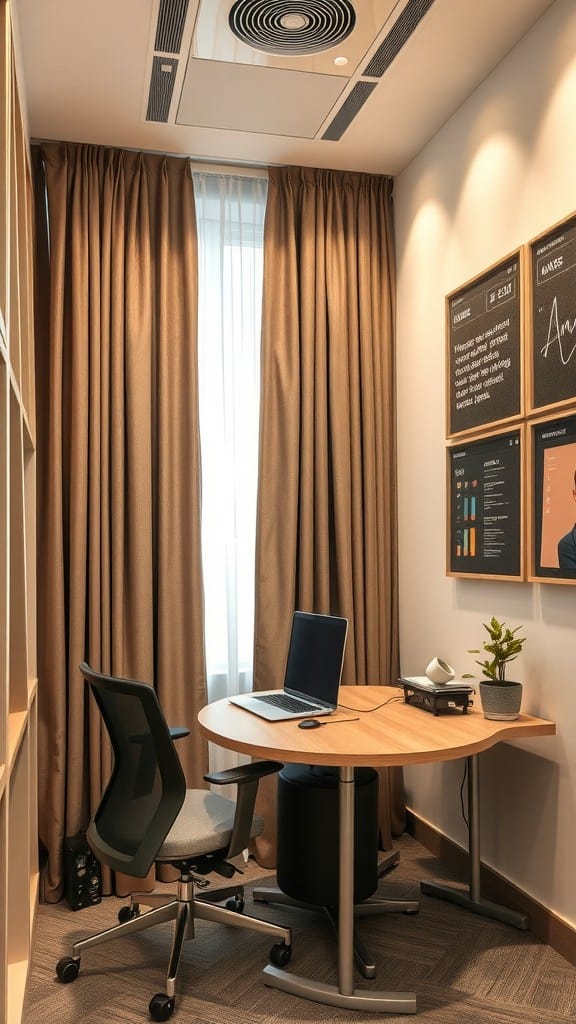 A minimalist home office with a wooden desk, laptop, and curtains for soundproofing.