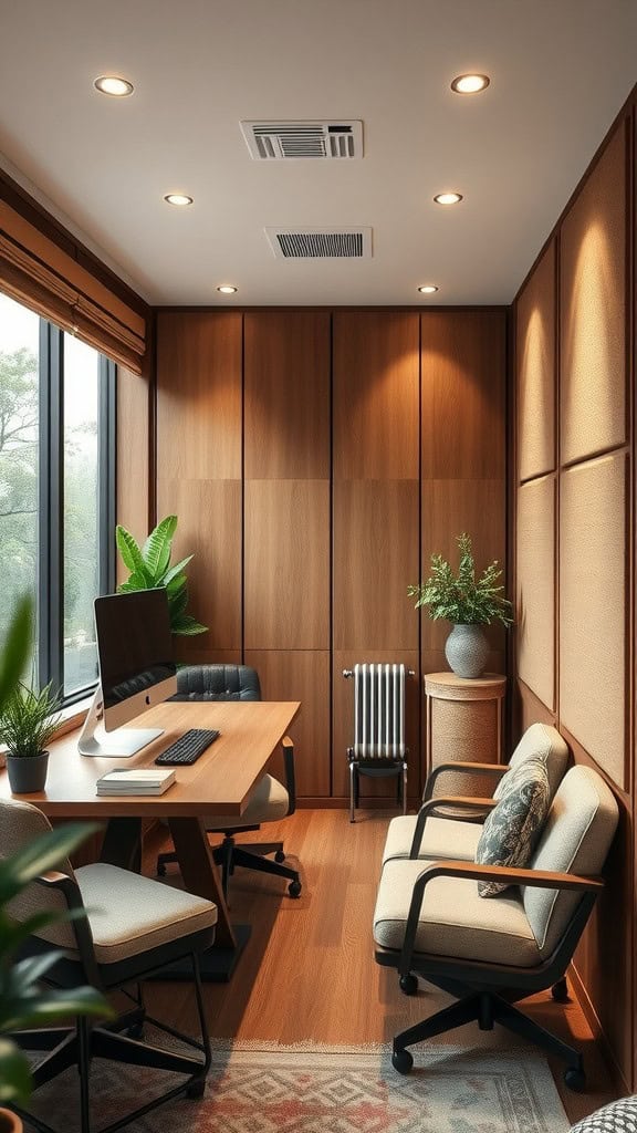 A modern home office with wooden paneling, a desk, computer, and plants, designed for concentration.