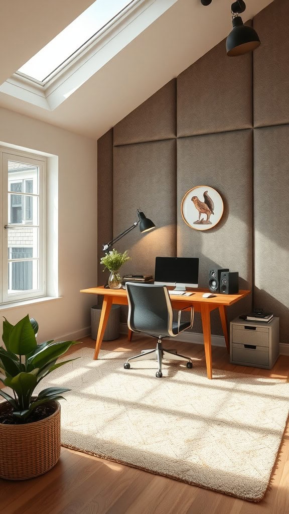 A modern home office with soundproofing features and a stylish desk setup.