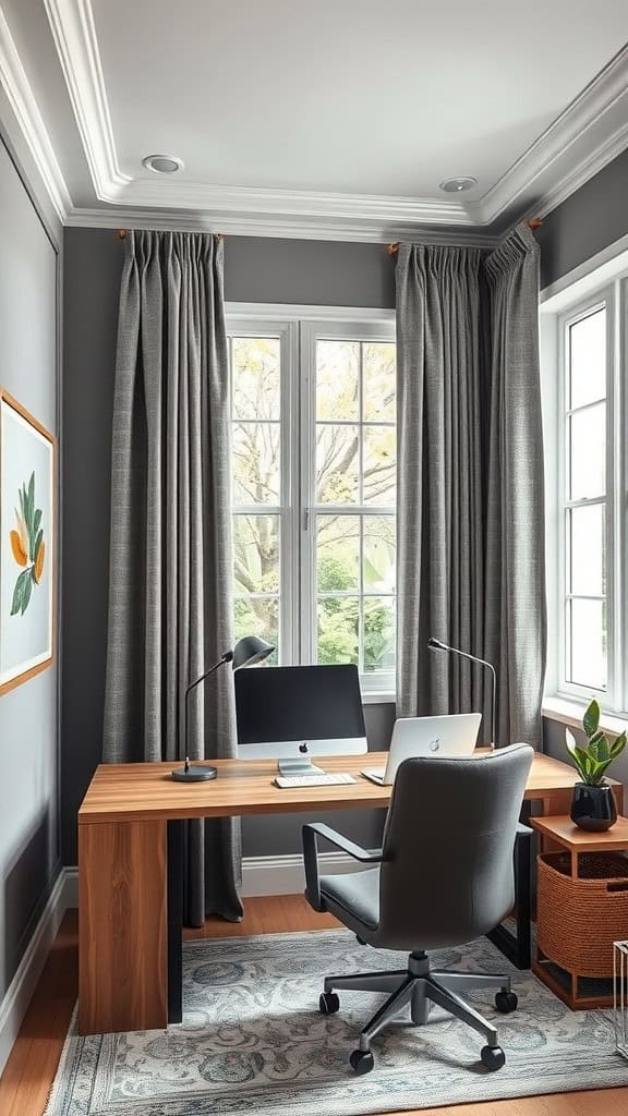 Stylish grey-walled office with a desk, computer, and heavy curtains