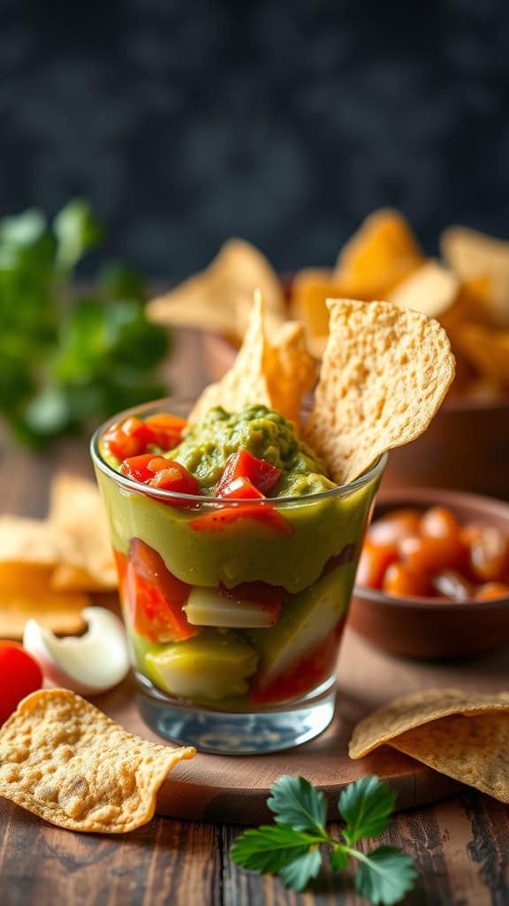 A charcuterie cup featuring guacamole, diced vegetables, and tortilla chips.