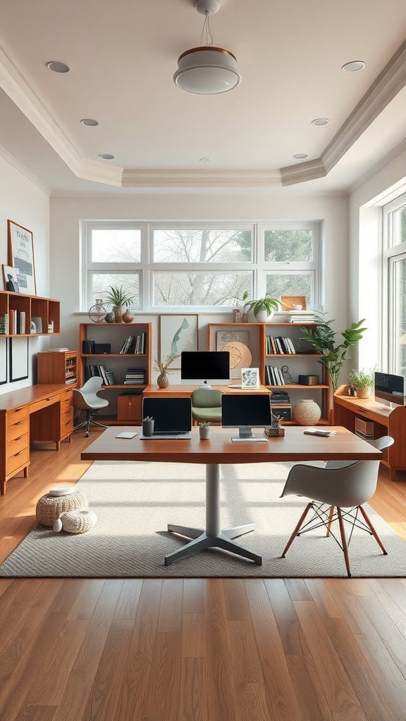 Home office with a desk in the middle of the room surrounded by bookshelves and large windows.