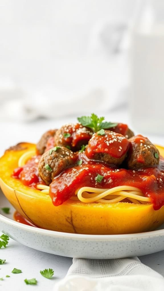 A serving of spaghetti squash topped with meatballs and marinara sauce, garnished with parsley.