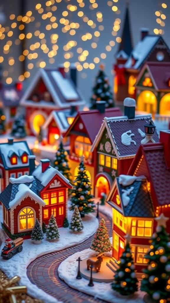 A beautifully decorated Christmas village with quaint houses, snowy rooftops, and twinkling lights.