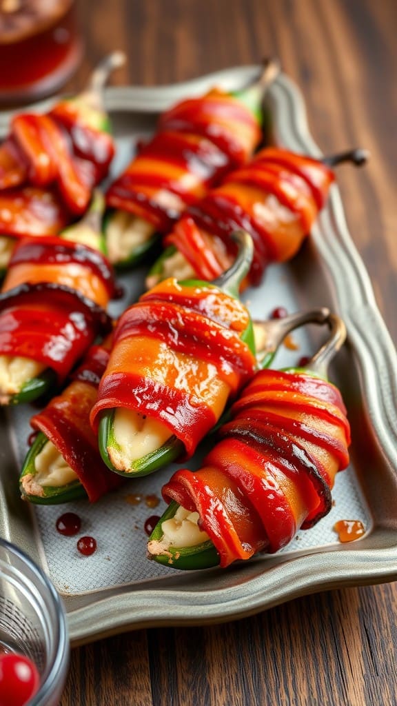 A platter of spicy bacon-wrapped jalapeño poppers, showcasing their vibrant colors and crispy texture.