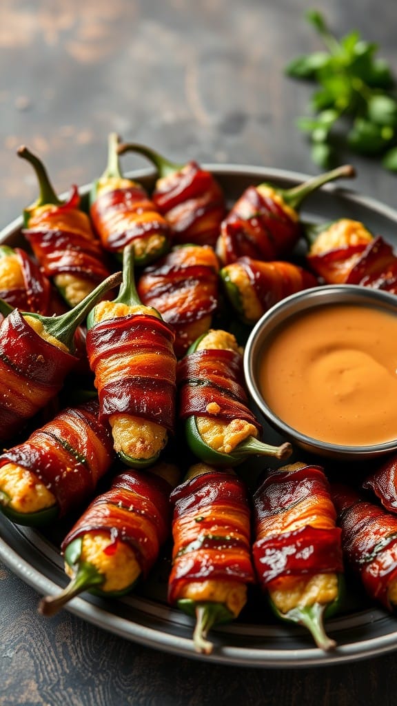 Plate of spicy bacon-wrapped jalapeño poppers with dipping sauce