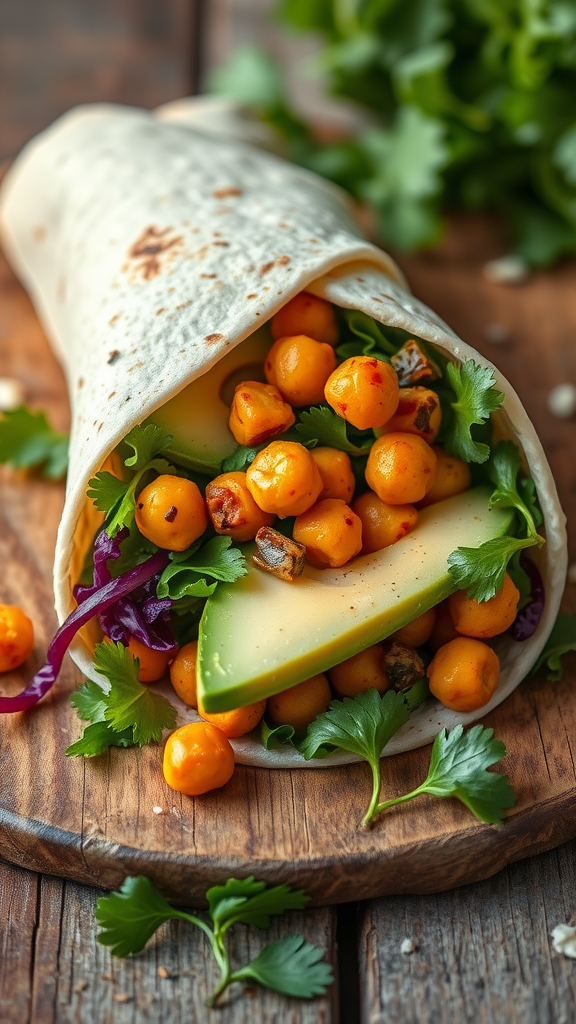 A spicy chickpea wrap filled with avocado, lettuce, and purple cabbage on a wooden plate.