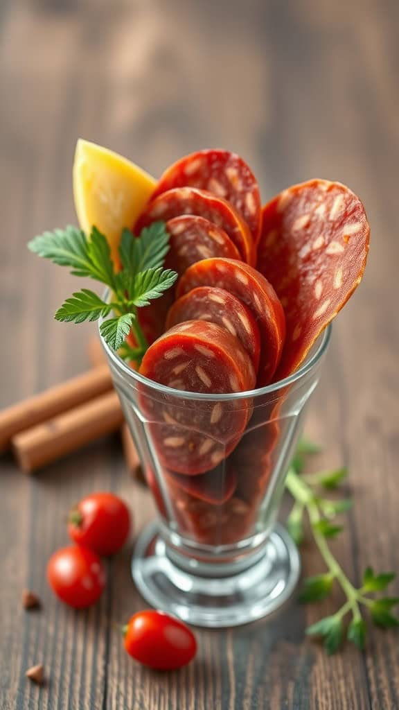 A glass filled with slices of spicy salami, topped with a lemon wedge and garnished with parsley, surrounded by cherry tomatoes.