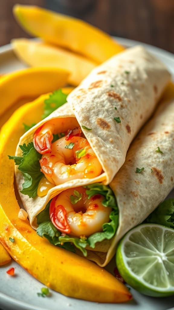 A delicious spicy shrimp and mango wrap alongside fresh mango slices and lime.