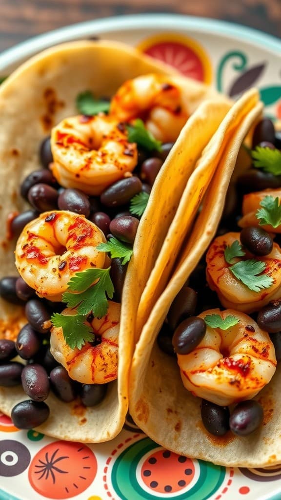 Spicy shrimp tacos with black beans and cilantro