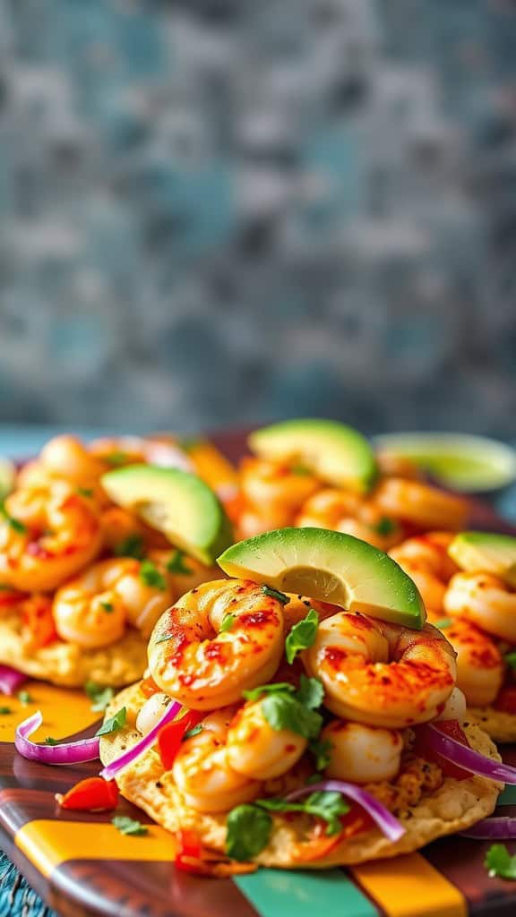 Spicy shrimp tostadas topped with avocado and garnished with lime slices