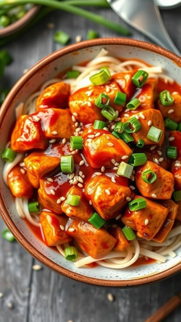 A bowl of spicy Sriracha chicken on noodles, garnished with green onions and sesame seeds.