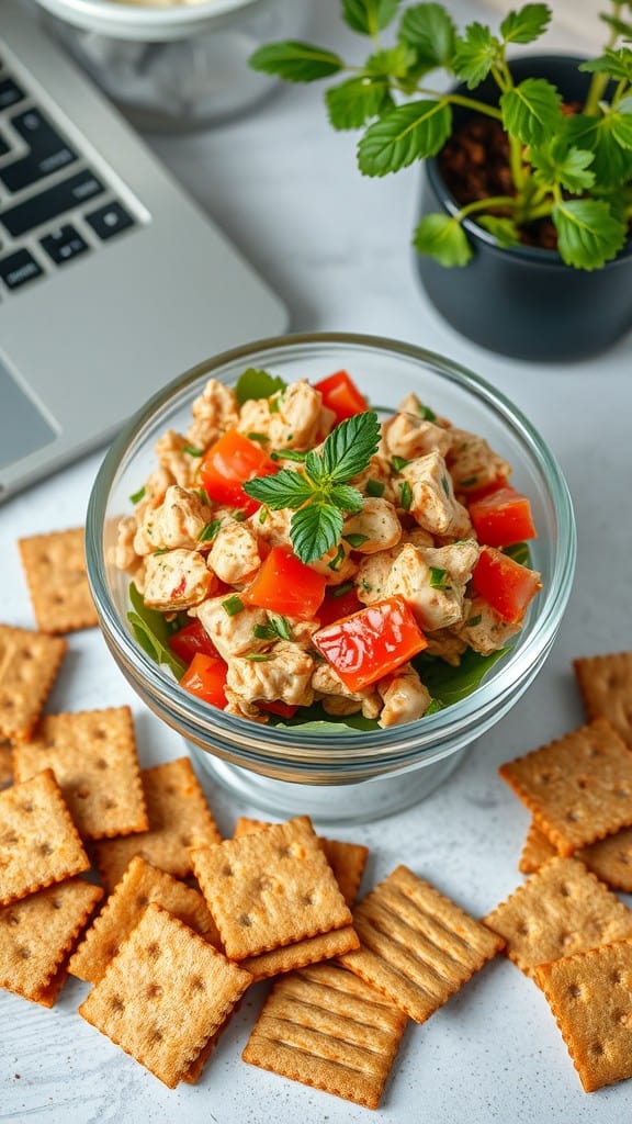 A bowl of spicy tuna salad with red bell peppers and crackers scattered around.