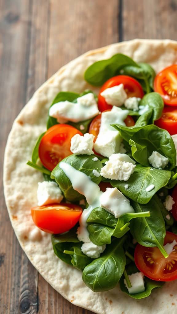 A spinach and feta wrap bowl with fresh tomatoes and a drizzle of dressing on a tortilla.