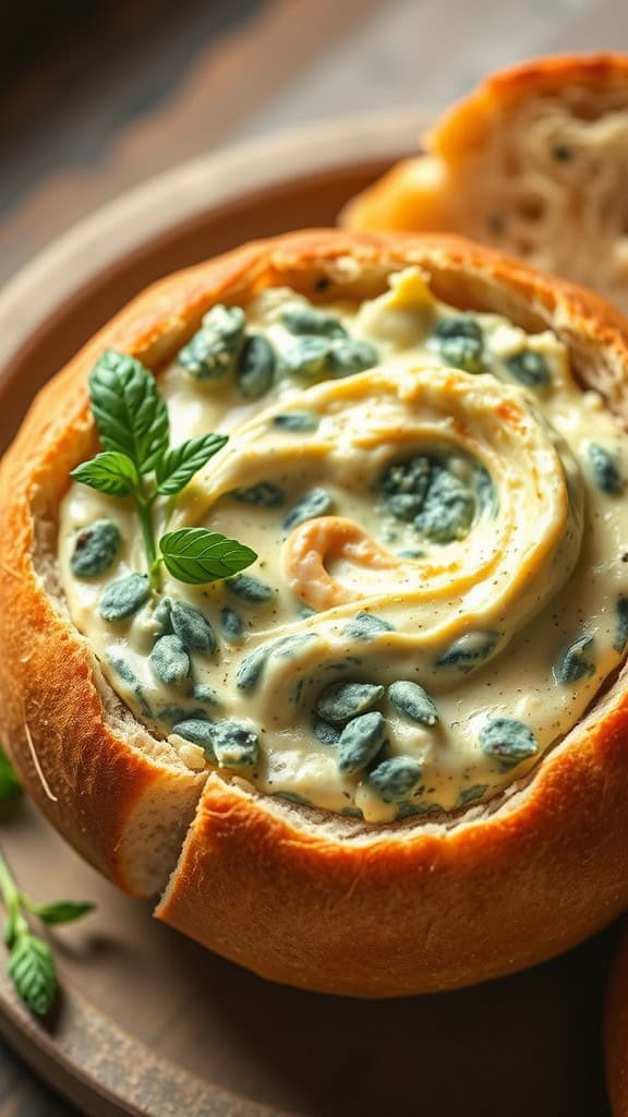 Spinach artichoke dip in a bread bowl garnished with a sprig of mint.