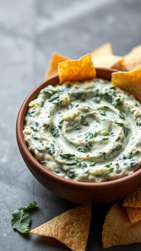 A bowl of creamy spinach artichoke dip surrounded by tortilla chips