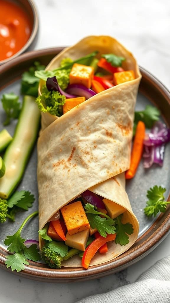 A delicious Sriracha tofu and vegetable wrap filled with colorful veggies and served on a plate.