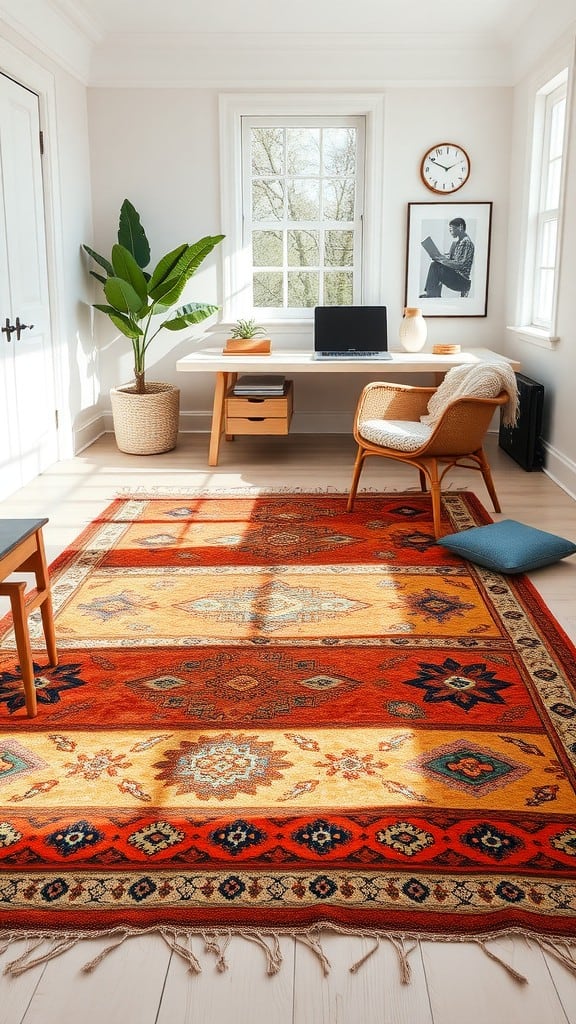 A bright statement rug on wooden floor in a stylish home office