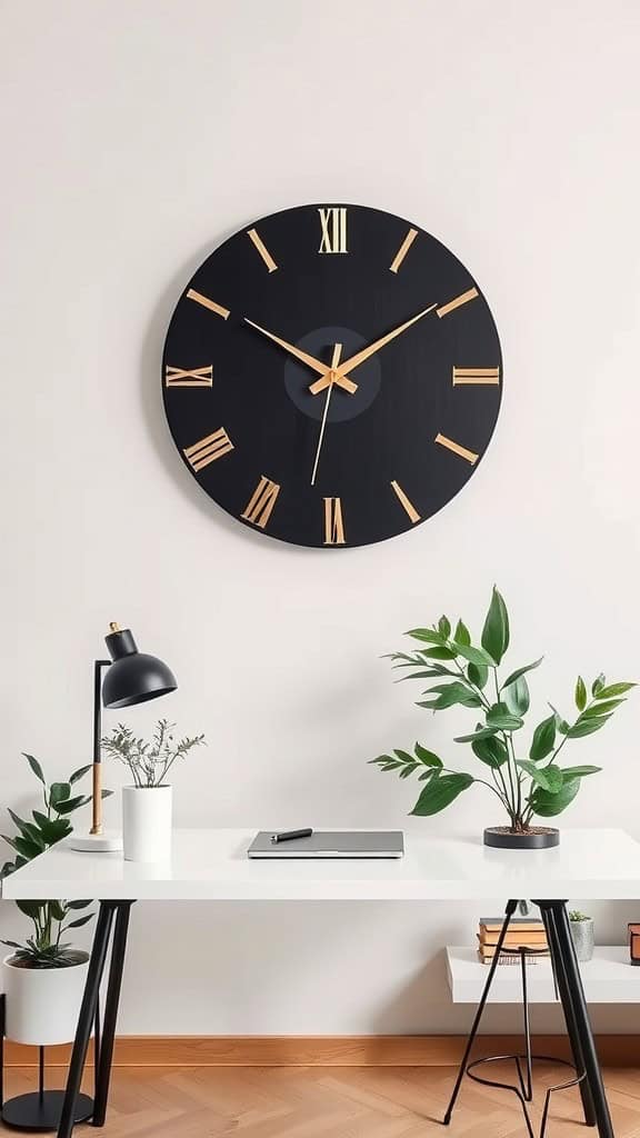 A minimalist home office featuring a large black wall clock with gold accents.