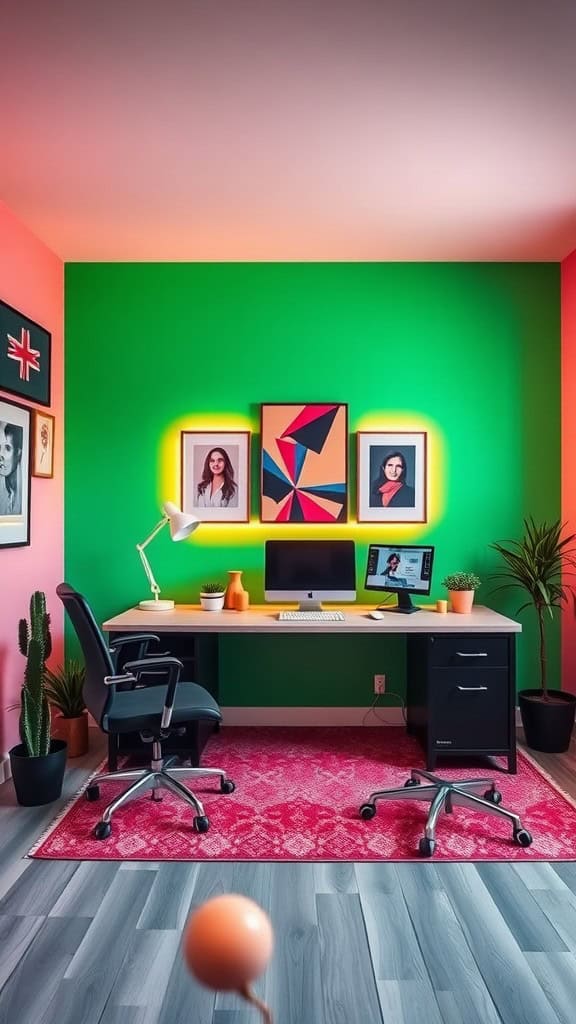 A stylish workspace with a neon green wall, pink accents, a desk with a computer, and vibrant decor.