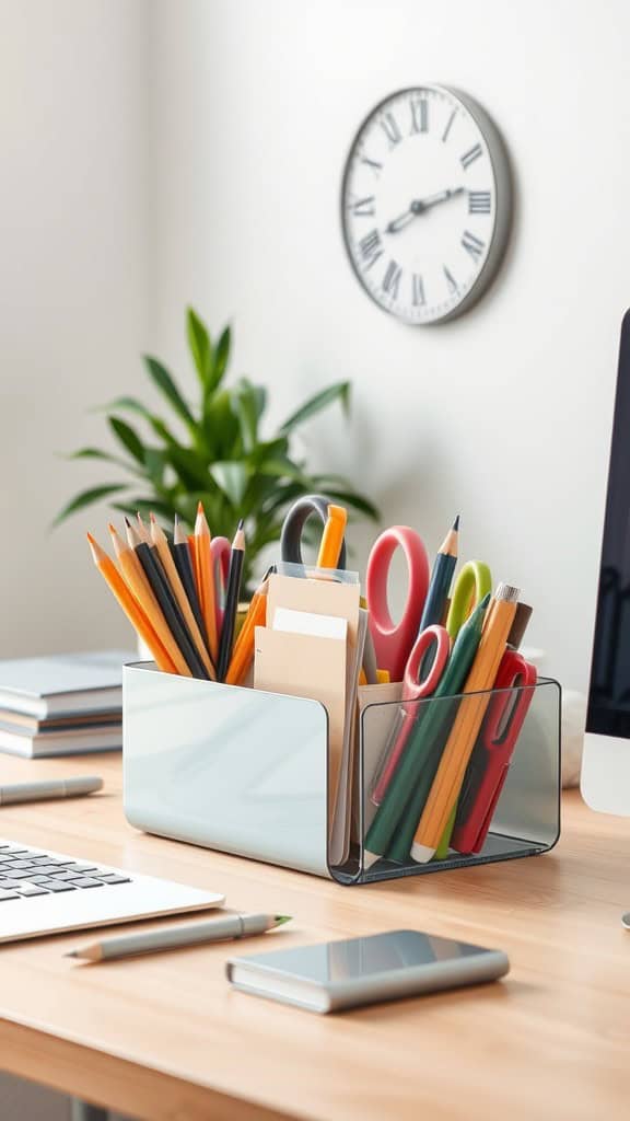 A neatly organized desk with colorful stationery in a holder, a laptop, a notepad, and a clock on the wall.