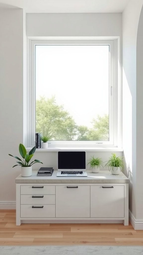 A minimalist home office with a storage bench under a large window, featuring plants and a laptop.