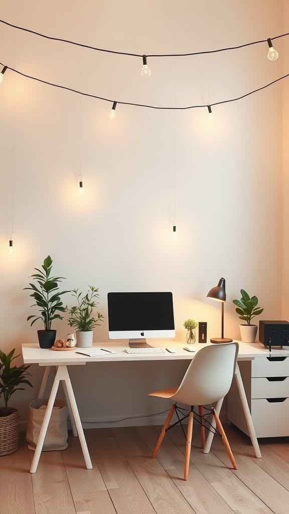 A cozy home office with string lights hanging above a desk, creating soft lighting.