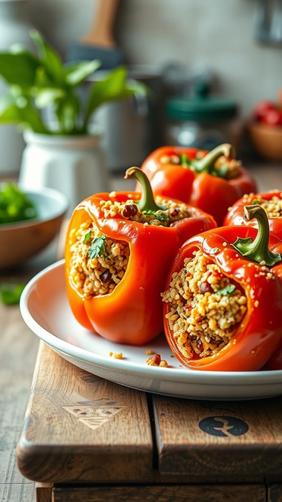 Stuffed bell peppers filled with quinoa on a wooden table