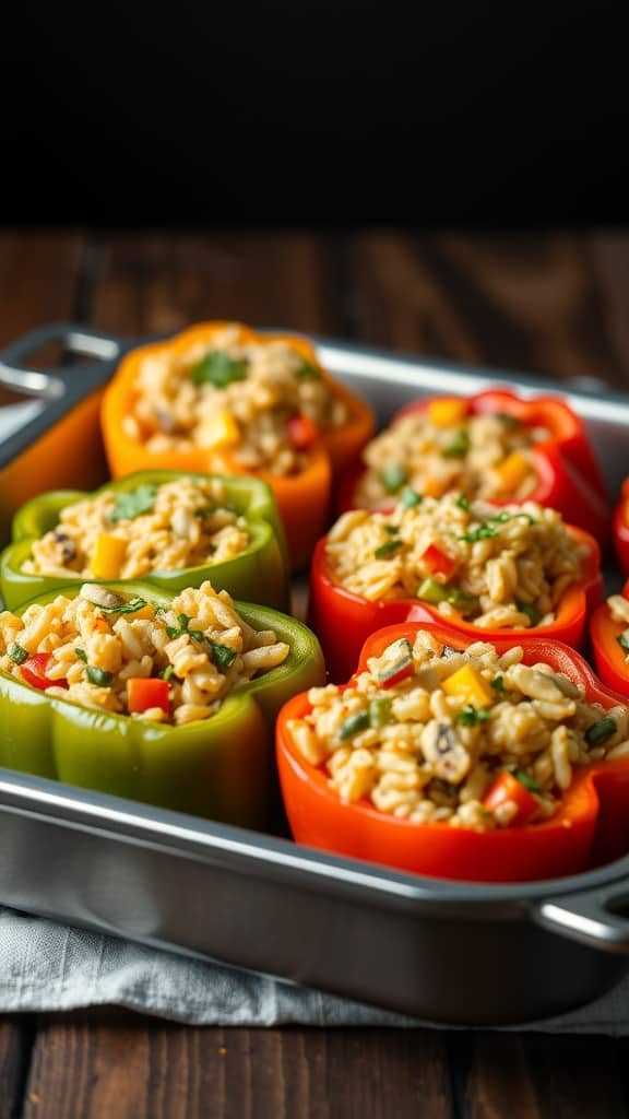 Colorful stuffed bell peppers filled with rice and beans in a baking dish.