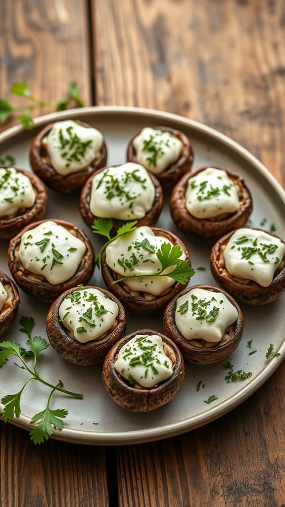 A plate of stuffed mushrooms topped with cream cheese and herbs, ready to be served for a Valentine's Day appetizer.