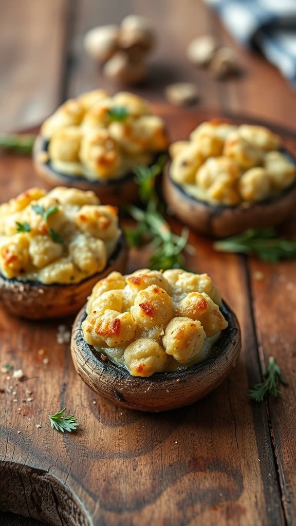 Stuffed mushrooms topped with garlic and Parmesan cheese on a wooden surface