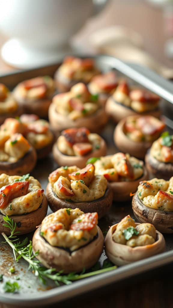 A tray of stuffed mushrooms filled with sausage, ready to be served.