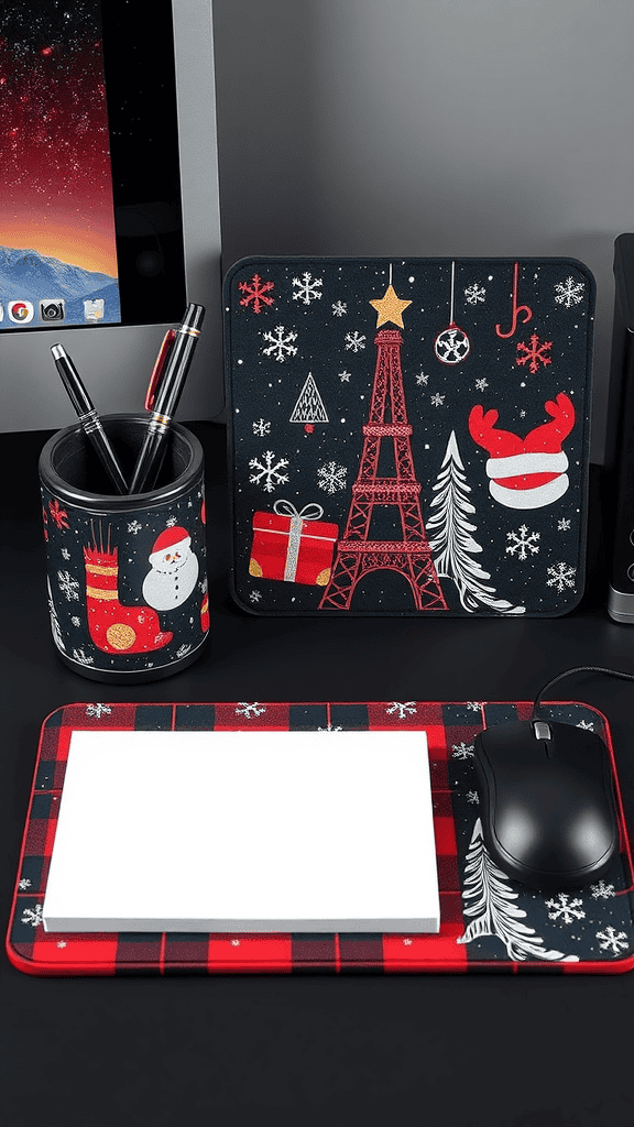 Christmas-themed desk accessories including a mouse pad, notepad, and pen holder with festive designs