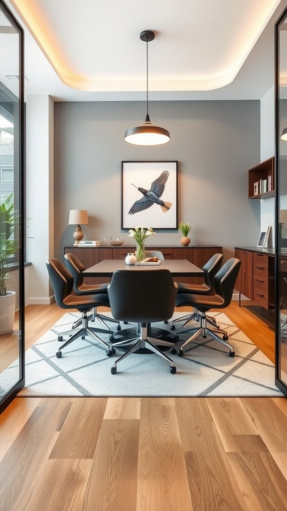 Stylish conference area with a round table, black chairs, wooden flooring, and plants.