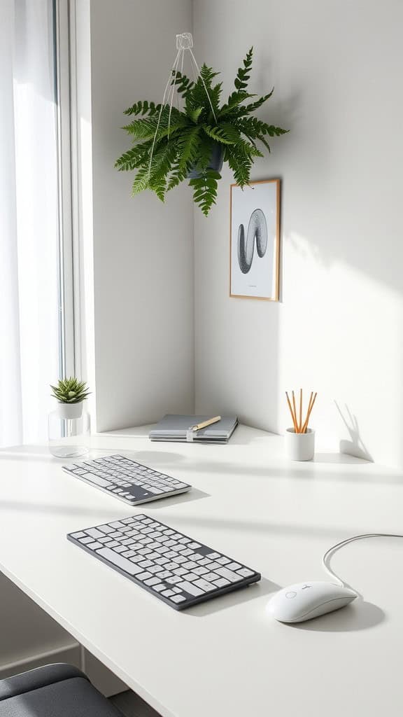 A minimalist home office setup featuring stylish keyboards, a mouse, and decorative plants.