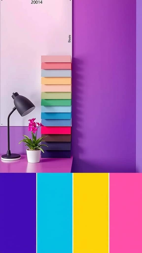 A colorful workspace with purple walls, a lamp, a small plant, and stacked colorful boxes.