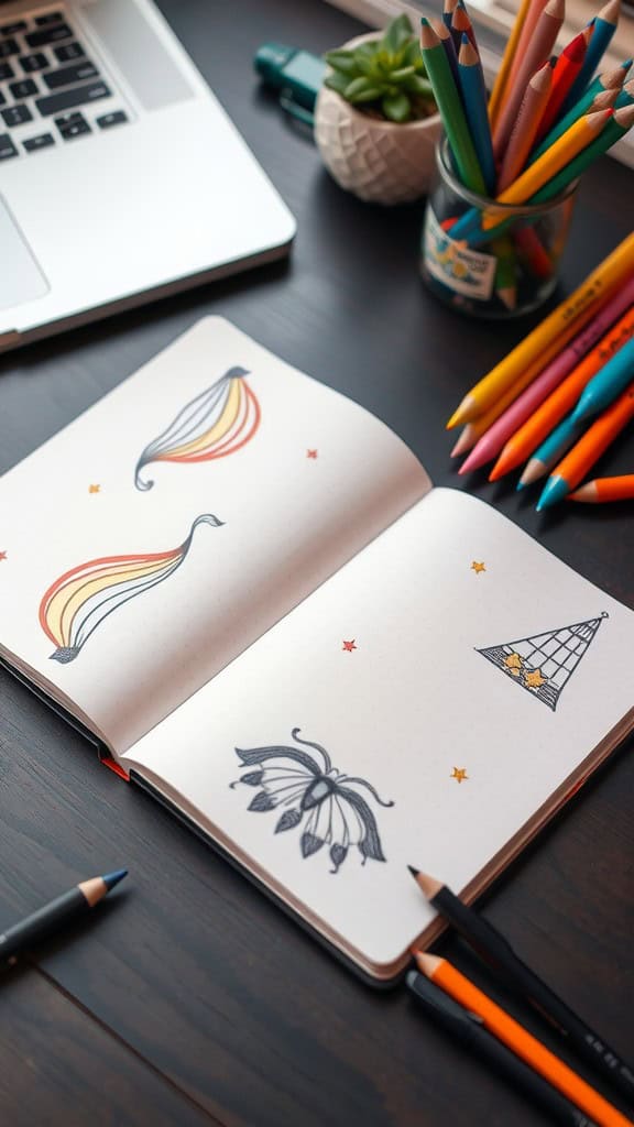 An open notebook with colorful doodles, surrounded by art supplies and a laptop.