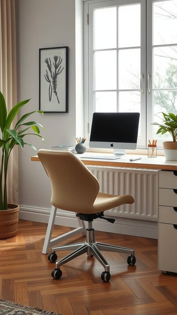 A stylish office chair in a modern workspace with a computer and plant.