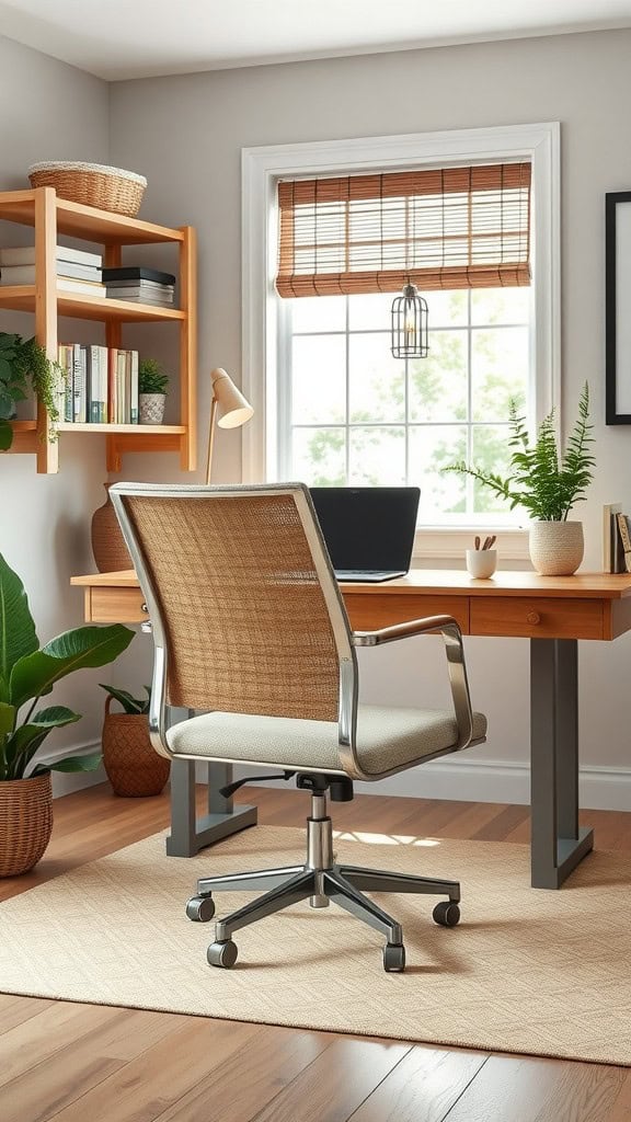 A stylish office chair in a cozy home office setting.