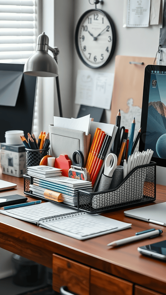 A well-organized desk featuring various stationery items in stylish organizers.