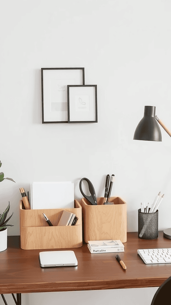 Stylish wooden organizers on a desk with office supplies, a lamp, and framed pictures on the wall.